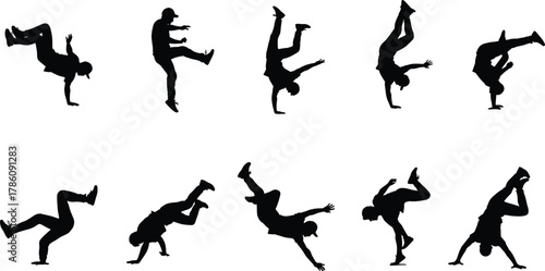 Breakdancer silhouettes, street dance moves, hip hop style, acrobatic poses, urban culture, freestyle choreography, athletic performance, dynamic motion, dance illustration, energy