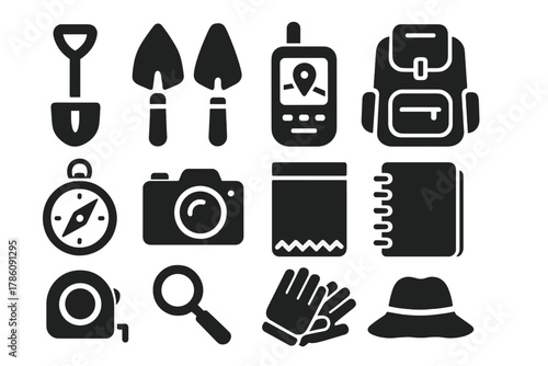 Field Research Tools. Solid style icons of field research tools: shovel, trowel, GPS device, backpack, compass, camera, sample bag