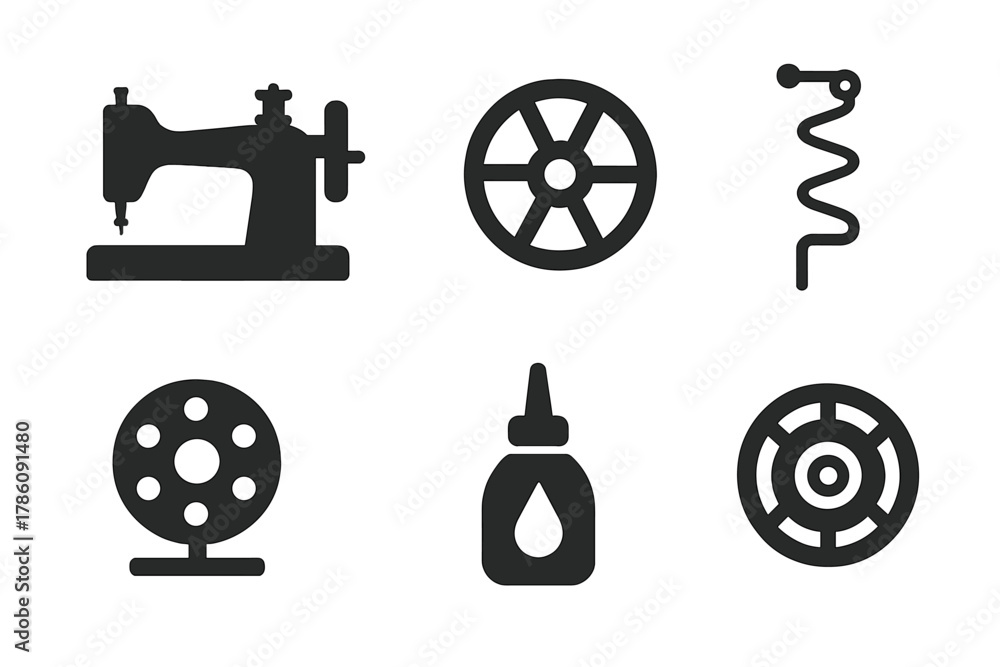 Obraz premium Antique Sewing Icons. Line style icons of Antique Restoration: vintage sewing machine, wheel crank, thread path, bobbin winder,