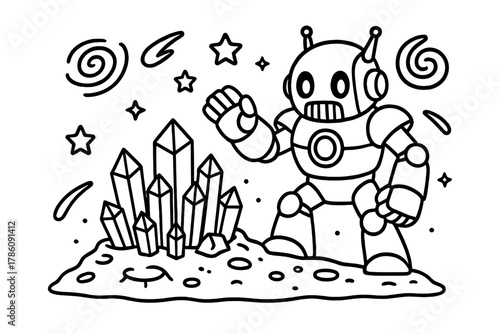 Robot Guards Crystal City. Magical scene of giant robot guardian protecting a crystal city on an asteroid with galaxies shining,