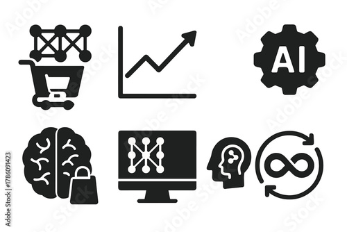 AI Procurement Icons. Solid style icons of machine learning for procurement: neural network with cart icon, ML prediction graph,