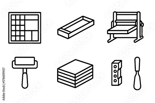 Letterpress Tool Icons. Line style icons of Letterpress: Type Case, Composing Stick, Printed Card, Proof Press, Ink Roller, Paper