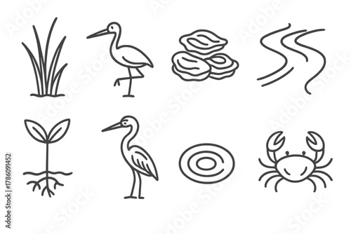 Estuary Line Icons. Line style icons of Estuary: Marsh Grass, Wading Bird, Oyster Bed, River Mouth, Mangrove Seedling, Heron,