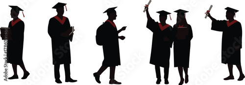 Graduation silhouettes, student celebration poses, academic achievement, diploma holding figures, mortarboard caps, education success, ceremony art, scholarly attire, graduate illustration,