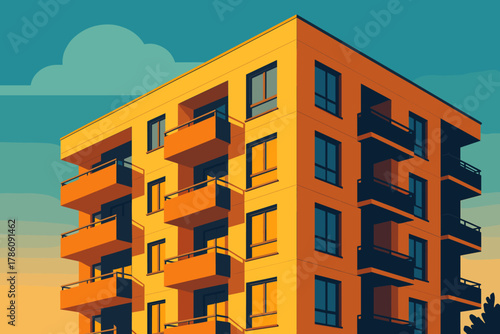 Golden Sunlit Apartments. Contemporary apartment building illuminated by golden sunlight, sharp vector illustration and clean