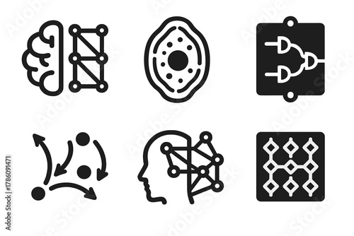 Programmable Matter Icons. Line style icons of Programmable Matter: AI-material integration, synthetic cell icon, logic material