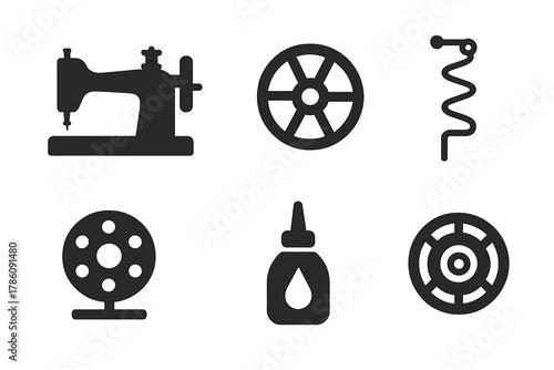 Antique Sewing Icons. Line style icons of Antique Restoration: vintage sewing machine, wheel crank, thread path, bobbin winder,
