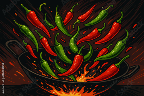 Sizzling Chili Peppers. Vibrant red and green chili peppers tossed in a sizzling wok, rich textures, bold lighting, dynamic and