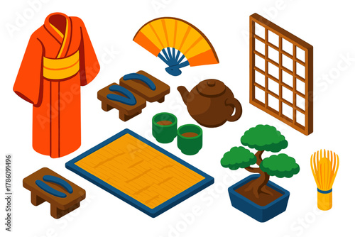 Japanese Heritage Objects. Isometric vector illustration set Cultural heritage – traditional kimono, obi sash, wooden geta sandals