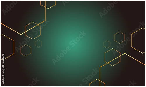 黒と緑のダークなグラデーションに、金のメタリックな六角形ラインをあしらったシンプルなフレーム背景