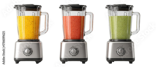 Wallpaper Mural Three modern blenders filled with vibrant smoothies in yellow, red, and green colors, showcasing their sleek design against a neutral background, ideal for kitchen appliance advertising Torontodigital.ca