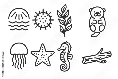 Kelp Forest Icons. Line style icons of Kelp Forest: Sunbeam, Sea Urchin, Kelp Frond, Sea Otter, Jellyfish, Starfish, Seahorse,