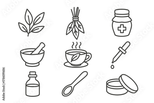 Ethnobotany Line Icons. Line style icons of Ethnobotany: Herb, Folk Preparation, Ancient Remedy, Traditional Medicine; Mortar and