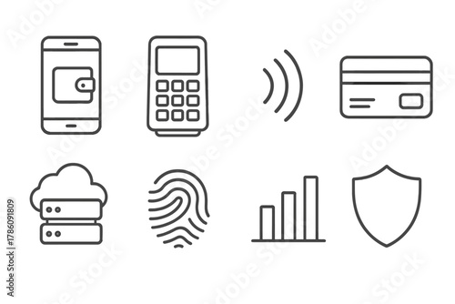 Digital Finance Icons. Line style icons of Digital Finance: Mobile Wallet, Payment Terminal, NFC Symbol, Credit Card, Cloud Server