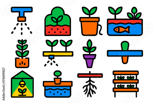 Soilless Growing Icons. Flat vector icons of soilless growing systems: aeroponics mist nozzle, fog chamber, hydroponic bucket,