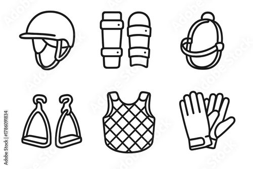 Horseback Archery Gear Icons. Line style icons of horseback archery safety gear: protective helmet icon, reinforced bracers, soft
