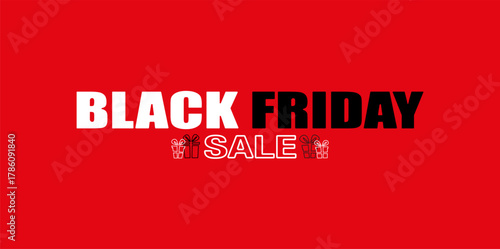 Black Friday sale banner with bold white and black text, red background and small gift icons for seasonal shopping promotion
