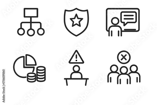 Crisis Leadership Icons. Line style icons of training for crisis leadership: decision-making flowchart, leadership badge,
