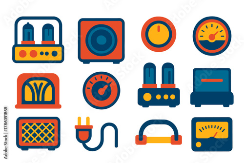 Vintage Amplifier Icons. Flat vector icons of Vintage Amplifiers: tube radio amp, wooden speaker box, bakelite knob, glowing dial,