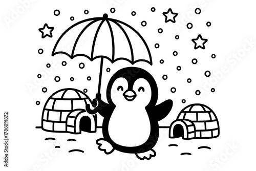 Penguin's Snowy Adventure. A playful penguin holding an umbrella under falling snow with igloos and stars, black and white line