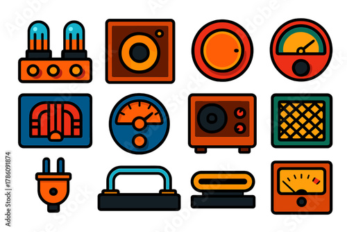 Vintage Amplifier Icons. Flat vector icons of Vintage Amplifiers: tube radio amp, wooden speaker box, bakelite knob, glowing dial,