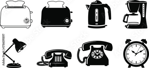 Household appliances vector set, black and white home electronics, toaster, kettle, coffee maker, lamp, telephone, alarm clock illustration design