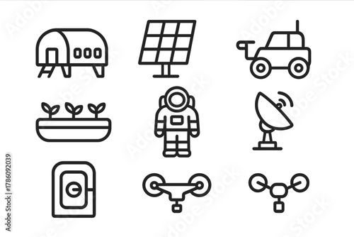 Interstellar Habitat Icons. Line style icons of Interstellar Colony: Habitat Module, Solar Panel, Rover, Hydroponics Bay,
