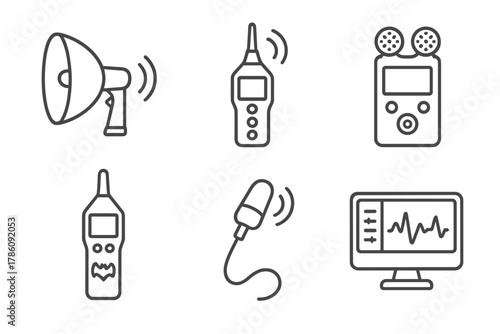 Bioacoustics Tools Icons. Line style icons of bioacoustics tools: parabolic microphone, sound level meter, audio recorder,