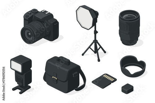 Photography Equipment Set. Isometric vector illustration set of Camera and Photography: DSLR camera, tripod stand, camera lens.