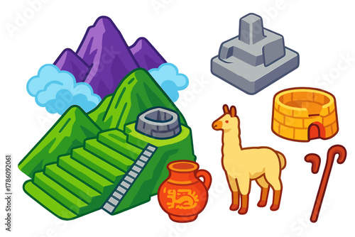 Machu Picchu Icons. Isometric vector illustration set Historical monuments – Machu Picchu terraces, Intihuatana stone, Temple of