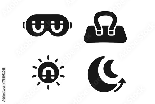 Magnetic Sleep Icons. Solid style icons of sleep and energy magnets: sleep mask with magnets, relaxation pillow, calming field
