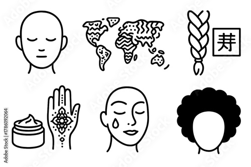 Diverse Beauty Icons. Line style icons of genderless beauty across cultures: universal face icon, skin tones and patterns map,