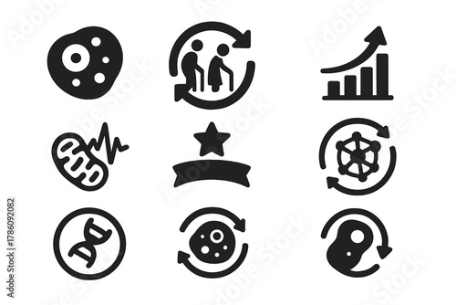 Hormetic Stress Icons. Solid style icons of hormetic stress and aging: youthful cell icon, reverse aging glyph, longevity arc