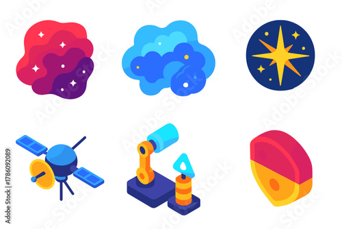 Space Exploration Icons. Isometric vector illustration set Space exploration – nebula exploration, gas cloud, starburst; probe