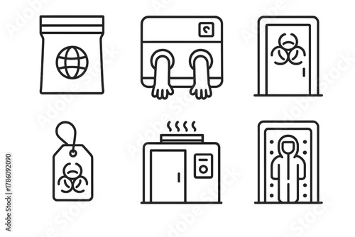Planetary Protection Gear Icons. Line style icons of planetary protection gear: double-sealed bag, isolation glovebox,