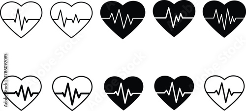 Heart beat icon set, medical health symbol, ECG monitor graphic, cardiology and healthcare vector illustration for wellness and hospital design