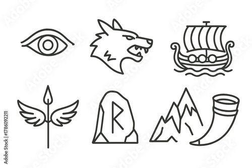 Nordic Myth Icon Set. Line style icons of Nordic Myth: Odin’s Eye, Fenrir, Bifrost Bridge, Longship Sail, Valkyrie Spear, Rune