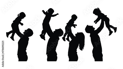 Joyful parents lifting children silhouettes isolated on white background, Vector
