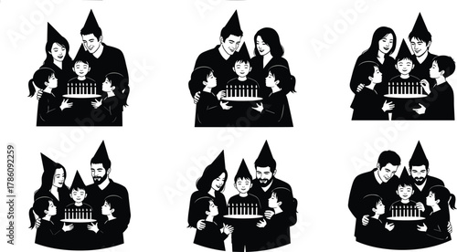 Happy family celebrating birthday together, blowing candles on cake, joyful kids party illustration, parent child happiness, family love celebration moment
