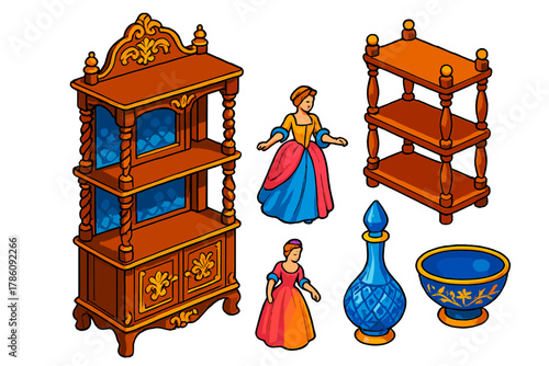 Antique Furniture Icons. Isometric vector illustration set Antique furniture – Victorian étagère, open shelves, turned supports;