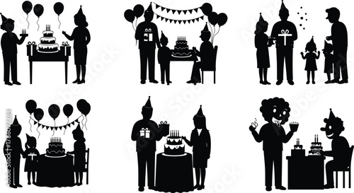 Happy birthday celebration, family and friends with cake, balloons, party hats, and gifts, joyful moments, silhouette illustration of party fun