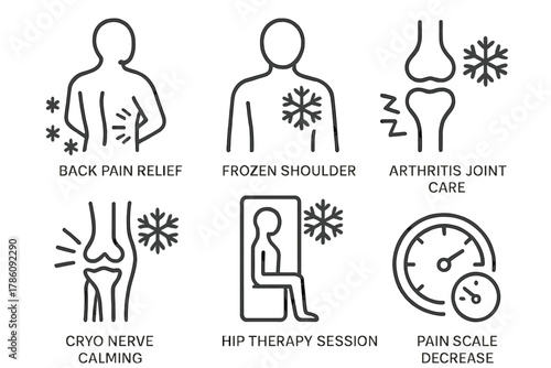 Cryotherapy Line Icons. Line style icons of cryotherapy for chronic pain: back pain relief, frozen shoulder icon, arthritis joint