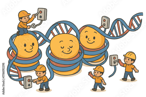Cheerful Molecular Workshop. Friendly molecular workshop with histones as cheerful spools, DNA wrapping like ribbons, and tiny