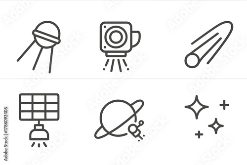 Space Probe Icons. Line style icons of Space Probe: Space Hull, Ion Thruster, Observation Lens, Comet Trail, Solar Panel Segment,