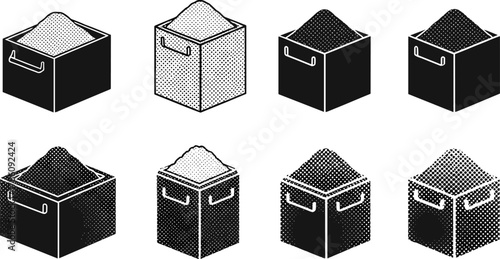 Halftone grain storage box collection, vintage container illustration, black and white textured cubes, industrial supply design, retro vector art