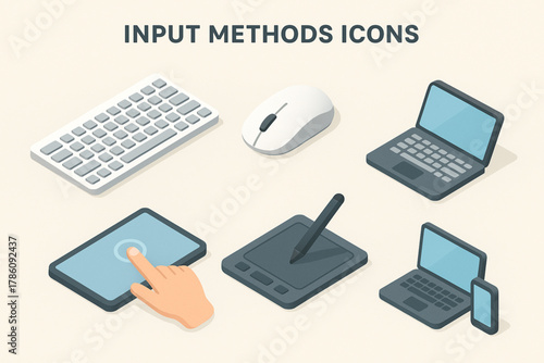 Isometric Flat Input Methods Icons Set — Keyboard, Mouse, Touchscreen, Pen Tablet, and Devices