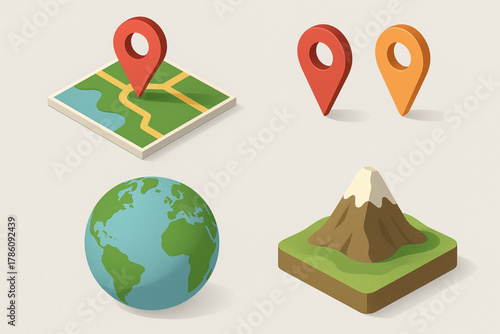 Geographic Icon Collection — Isometric Map, Location Pins, Globe, and Natural Landform Set