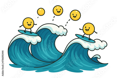 Photon Surf Adventure. Wave-particle duality illustrated as cheerful photons surfing waves while also bouncing as marbles No text,