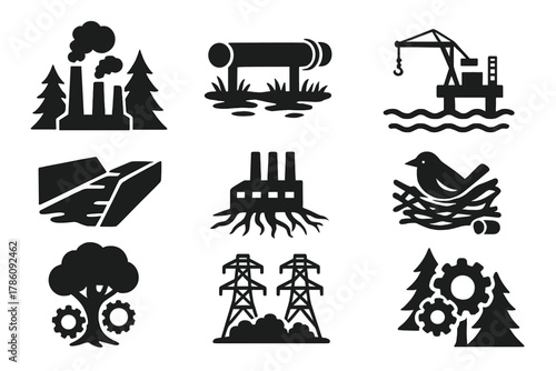 Industrial Nature Intrusion. Solid style icons of industrial intrusion: smokestacks in forests, pipelines through wetlands, cranes