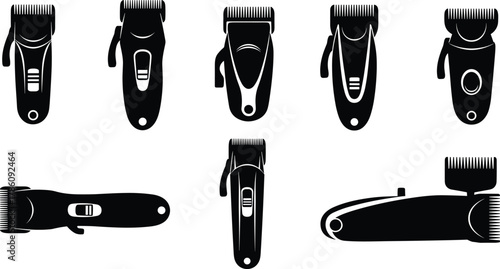 Hair clipper collection, electric grooming trimmer set, barber equipment illustration, haircut tool vector, professional grooming device, black and white design